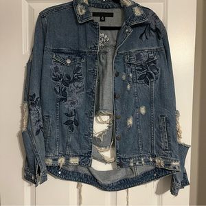 Denim Floral Distressed Jacket Size M